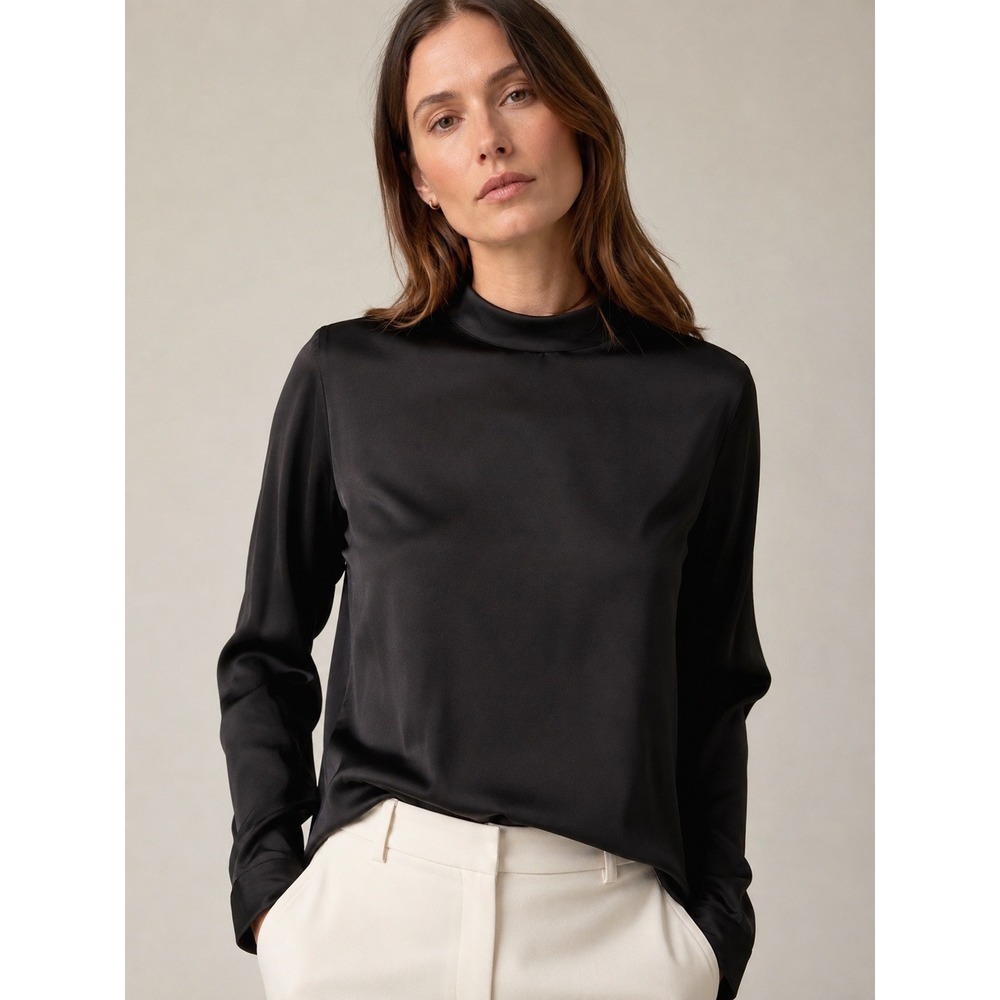 Vince Mock Neck Blouse Womens Small Black 100% Silk V453211923 Relaxed Fit